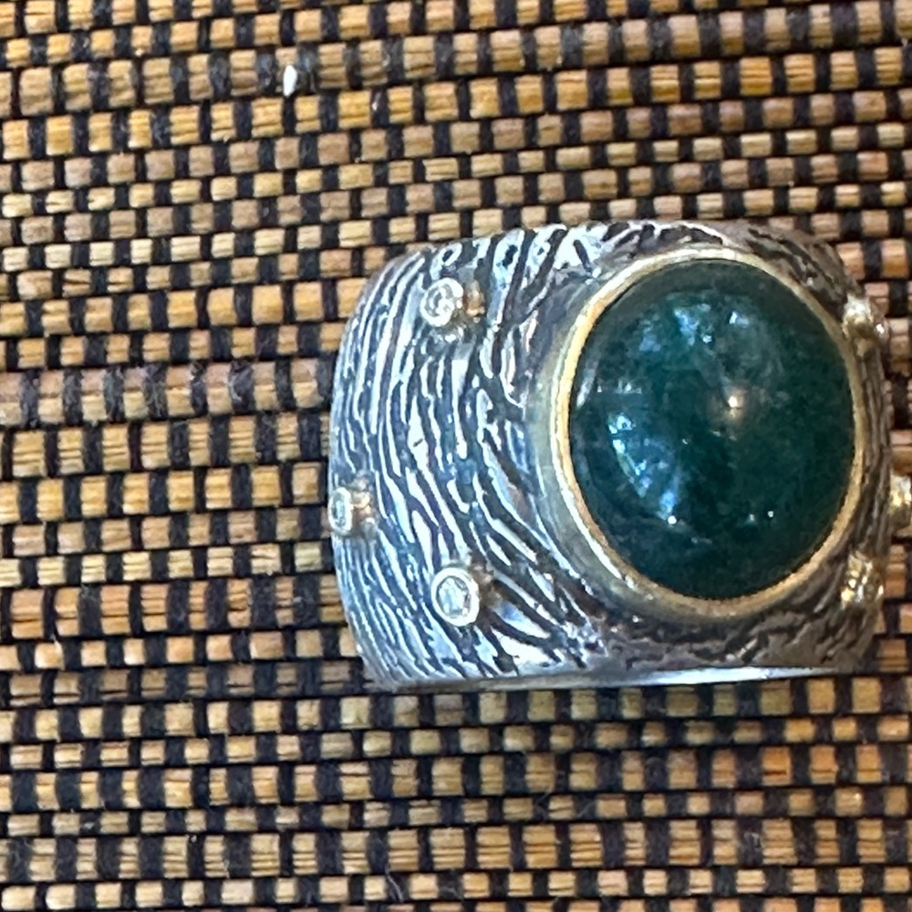Textured Silver Ring with Green Stone